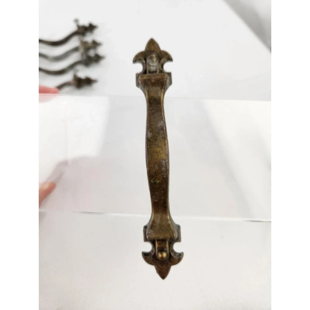 Set 10 Vintage Gothic Fleur de Lis Drawer Pulls Eastlake Brass Cabinet Handles